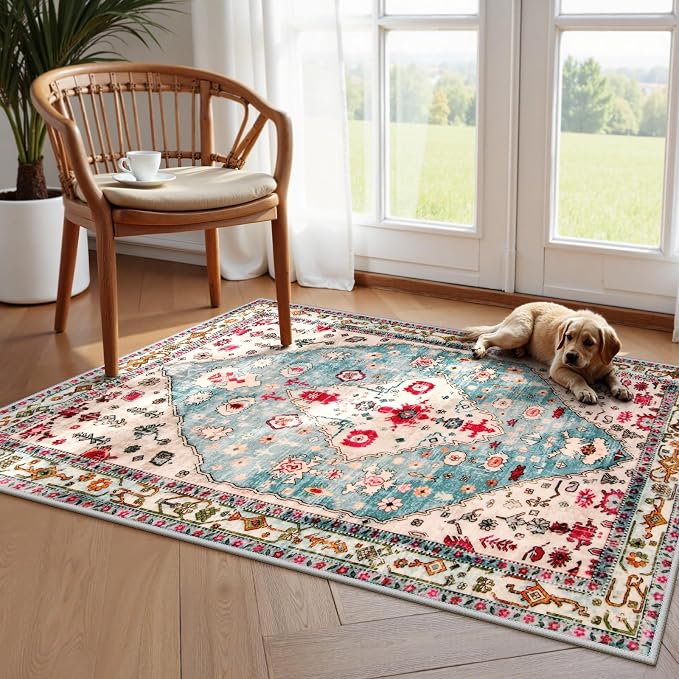 Lahome Felice 3x5 Boho Tribal Washable Rug, Non Slip Rugs for Entryway Bedroom Living Room, Vintage Ultra Soft Non-Shedding Indoor Floor Throw Carpet for Kitchen Dorm Coffee Table, Aqua