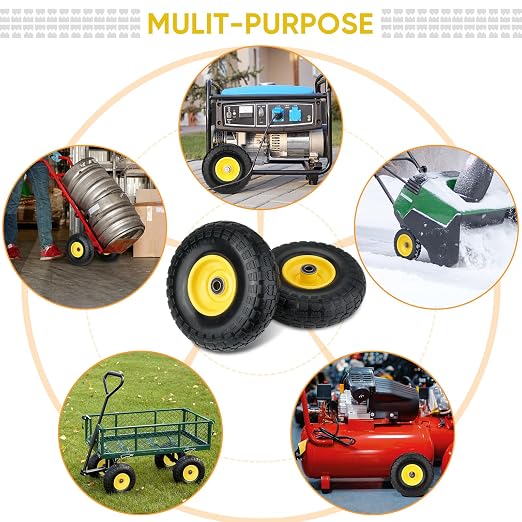 TICONN 4.00-6 Tire and Wheel Flat Free, 4 Pack 13" Solid Tires with 5/8" Axle Bore Hole and Double Sealed Bearings, Perfect for Wheelbarrow, Garden Cart, Wagon, Dolly (Yellow, 4PK)