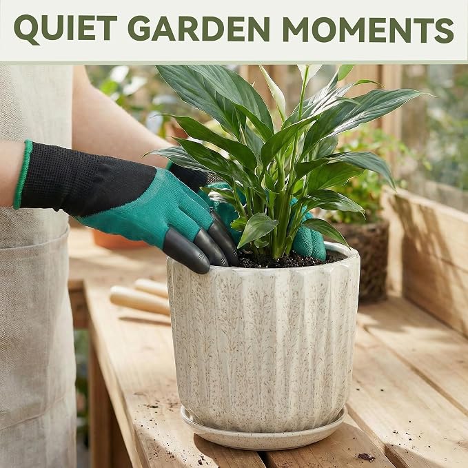7.5 Inch Ceramic Planter Pot with Saucer Drainage Leak-Proof Mesh,Flower Pots for Indoor Plants with Gardening Gloves,Ceramic Planter (Silk White)