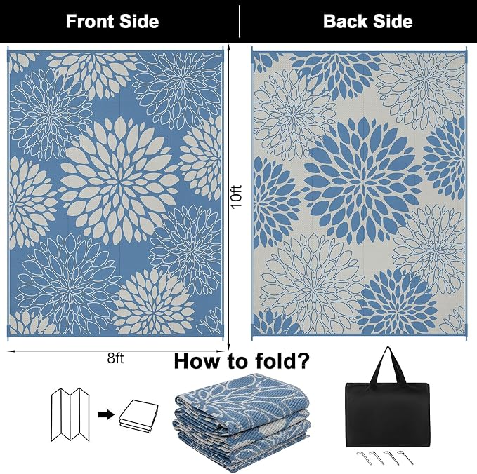 Ileading Waterproof Outdoor Rug 8x10, Reversible Plastic Straw Patio Rug, Portable Indoor Outdoor RV Camping Mat Carpet for Deck, Porch, Balcony, Backyard, Picnic, Floral Dusty Blue