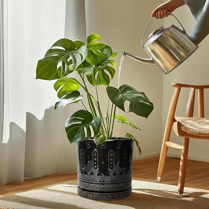 Eightpot 11.4 Inch Plant Pot Saucers, Plant Drip Trays for Indoor Outdoors, Round Ceramic Plant Saucer, Modern Plants Plates to Catch Water, Decorative Plants Dishes to Catch Water, Black