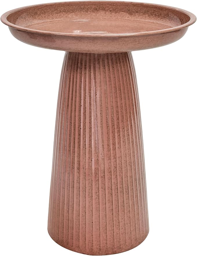 Sunnydaze Gleeful Garden 23" Iron Pedestal Bird Bath for Outside - Modern Shallow Basin Birdbath for Outdoors with UV-Protected Rust-Resistant Finish for Patio, Garden, Yard Decor - Canyon Clay Glaze