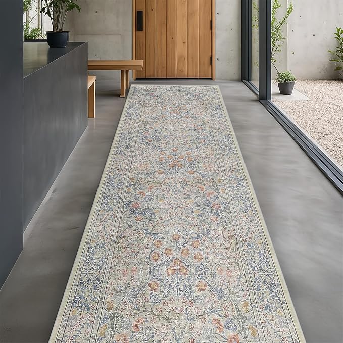 Vintage Beige Blue 3x12 Runner Rug for Hallway, Kitchen, Bathroom, Entryway Indoor, Washable Non Slip Rubber Backing Stain Resistant - Botanical Home Decor