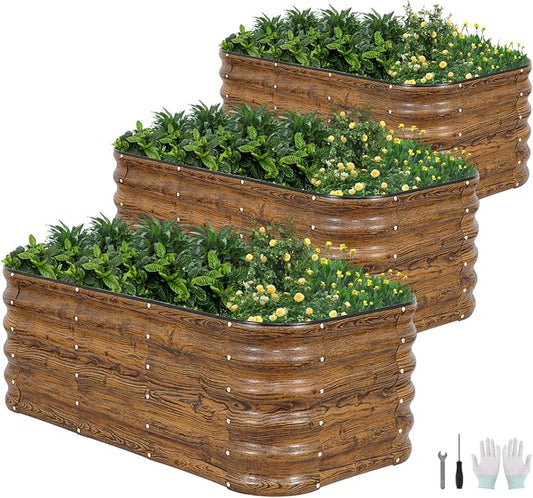 3 Pcs Raised Garden Beds Outdoor, 17" Tall 3-in-1 Modular 4x2ft Galvanized Metal Planter Box with Bracing Rods and Gloves for Vegetables Flowers Herbs, Grain