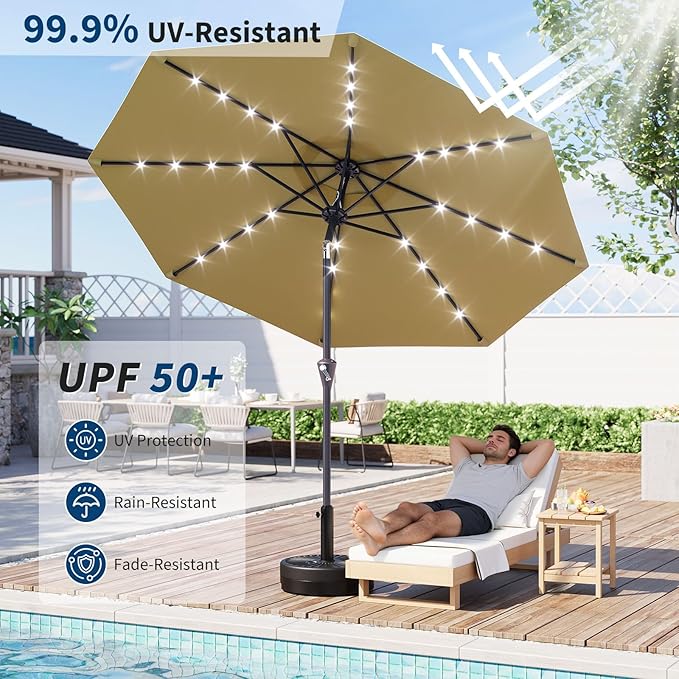 GarveeLife Patio Umbrella with Solar Lights, Outdoor Table Umbrella with 8 Durable Ribs, Tilt & Crank Mechanism, Water & UV Protection Sun Shade Umbrella for Garden, Poolside, Backyard (Tan, 9 FT)