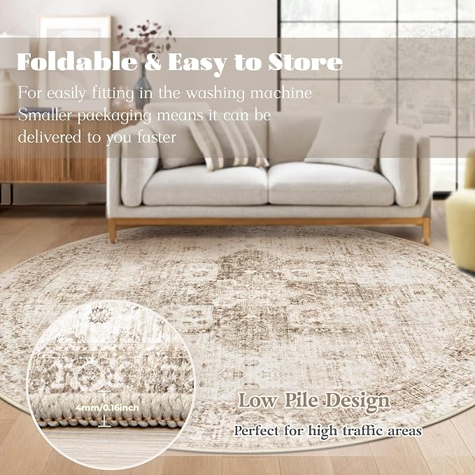 Round Rugs 6ft Washable Rug, Vintage Boho Medallion Rugs Non-Slip Soft Low Pile Circle Distressed Rug Indoor Retro Carpet for Living Room Bedroom Dining Room Home Office (Brown, 6' Round)