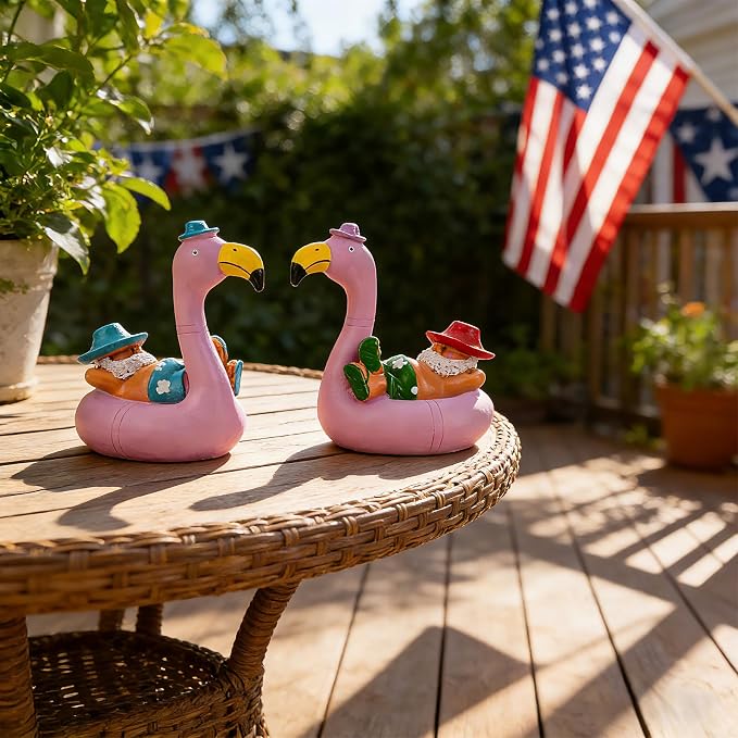 Teaeeno Garden Gnome on Flamingo - Funny Gnome Figurine - Cute Gnome Lawn Statue - for Outdoor or House Decoration