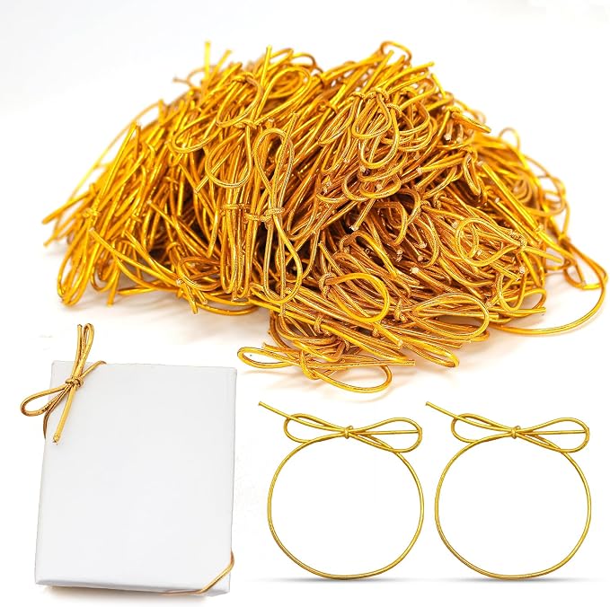 FQTANJU 200 Pcs 8 Inch Gold Stretch Loops with Pre Tied Bows Metallic Elastic Ribbon String Gold Elastic Cord for Gift Wrapping Crafts Tags Gift Boxes Bow