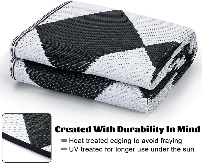 Garvee 9x12 Outdoor Rug for Patio Plastic Straw Rug Waterproof Reversible Mat Lightweight Foldable Carpet Easy Clean Large Rugs for Patio Porch Backyard Camping RV Beach Balcony Deck Checkered White