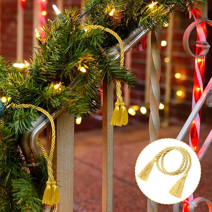 Dingion 20 Pcs Christmas Garland Decorative Banister Ties with Tassel 25.2 Inches Christmas Reusable Twist Ties for Garland Fireplace Staircase Banister Home Xmas Holiday Decorations(Gold)