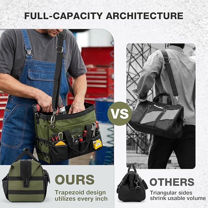 HISEA Heavy Duty Tool Bag 20 Pockets, 16-Inch Portable Tool Box Organizer, 600D Waterproof Wide Mouth Large Storage Toolbag for Electrician, Tradesman with Adjustable Shoulder Strap