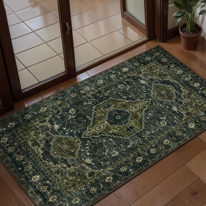 Tangsoo Oriental 2x4 Runner Washable Rugs for Entryway, Non Slip Small Rug | Vintage Indoor Front Door Rug, Boho Olive Green Small Carpet, Soft Low Pile Rug for Entrance Entry Kitchen Bathroom Bedside