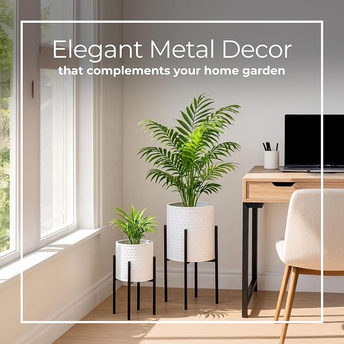 Decorative Flower Pots with Metal Stand for Home Decor - Modern Planters for Hallway, Entryway, and Living Room Decor - Indoor and Outdoor Pots for Plants - Set of 2, 23", 19", White & Black
