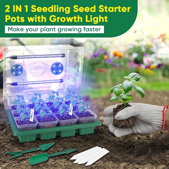 BlumWay Seed Starter Tray with Grow Light,24 Pack 2.9 inch Reuseable Clear Nursery Pots with Silicone Base/Humidity Dome for Deep-Rooted Seedlings,Adjustable Timed Light Plant Starter Set