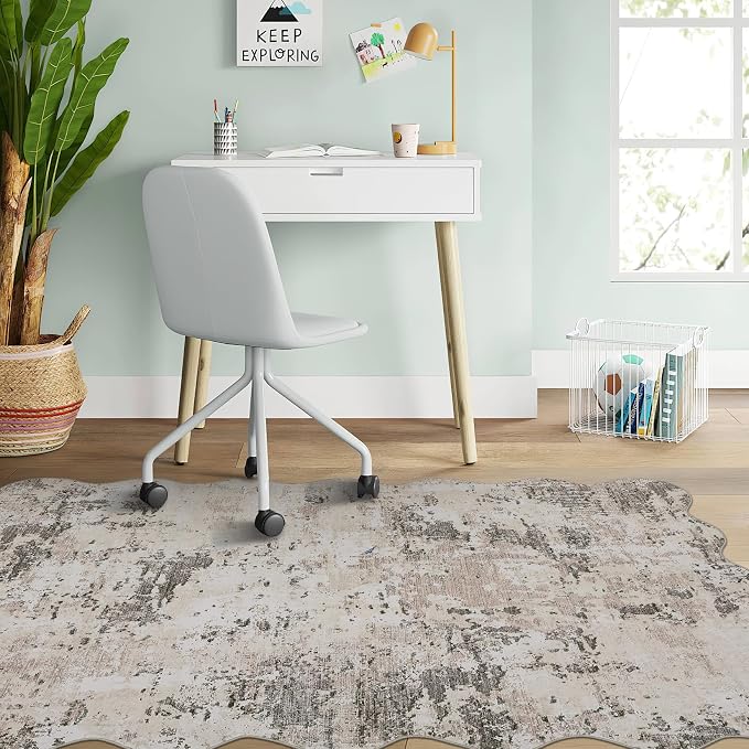 ROYHOME Modern Abstract 2x3 Scalloped Area Rug Non Slip, Brown Grey | Non Shedding Low Pile Stain Resistant Rug for Entryway Kitchen Bedroom