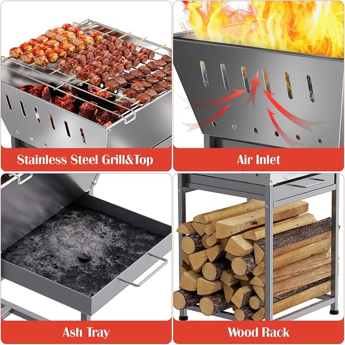 24 Inch Stainless Steel Outdoor Fire Pit with Grill 3-in-1 Wood Burning Fire Pits for Outside Square Firepit with Wood Storage and Ash Pan for Camping Patio Bonfire and BBQ