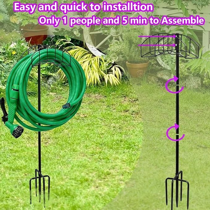 2-Pack Freestanding Garden Hose Holder with Upgraded 5-Prong Base | Water Hose Holders for 150 Feet Hose, Detachable Hose Storage Hanger for Outside Lawn Yard