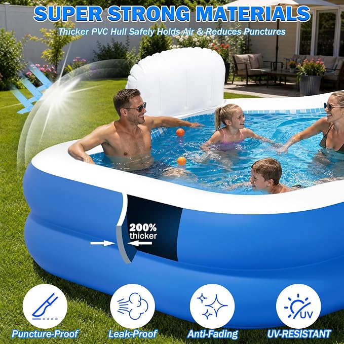 Extra Large Inflatable Pool with Pump, 121" X 90" X 22" Full-Sized Blow Up Pool with Seats for Adults, Family Inflatable Swimming Pool for Summer Water Party Backyard Garden Lawn