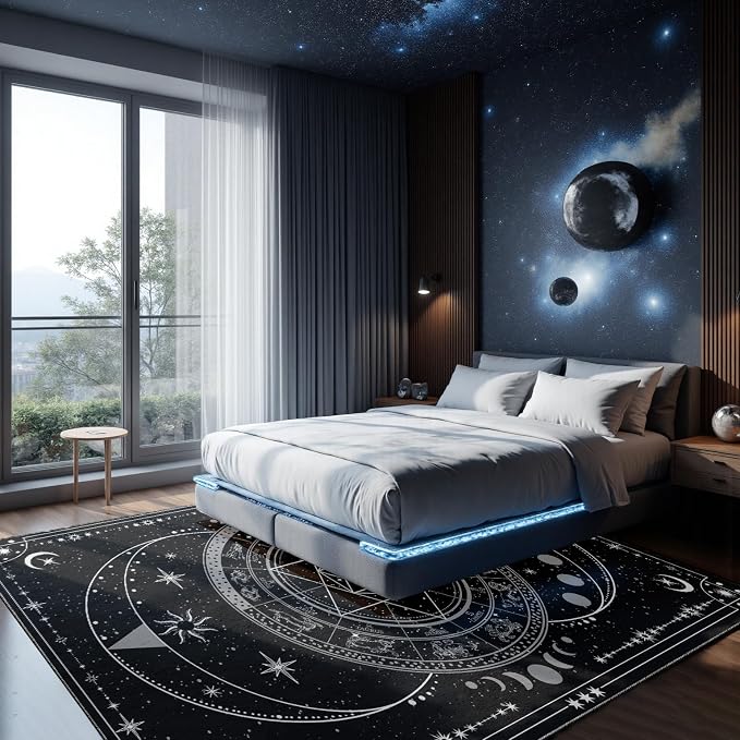 Nayoroom Black Celestial Witchcraft Area Rug, Machine Washable, 8 x 10 ft | Moon phases and tarot motifs; Gothic style; Soft surface; Machine washable; Non-slip backing; Bedroom or altar space