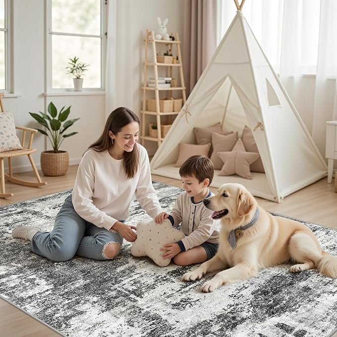 Tosuoka 6x9 Area Rugs for Living Room Abstract Washable Black Rug | With Anti-Slip Backing，Non-Shedding，Stain-Resistant，Soft Modern Large Carpet for Bedroom Dining Room Farmhouse Nursery