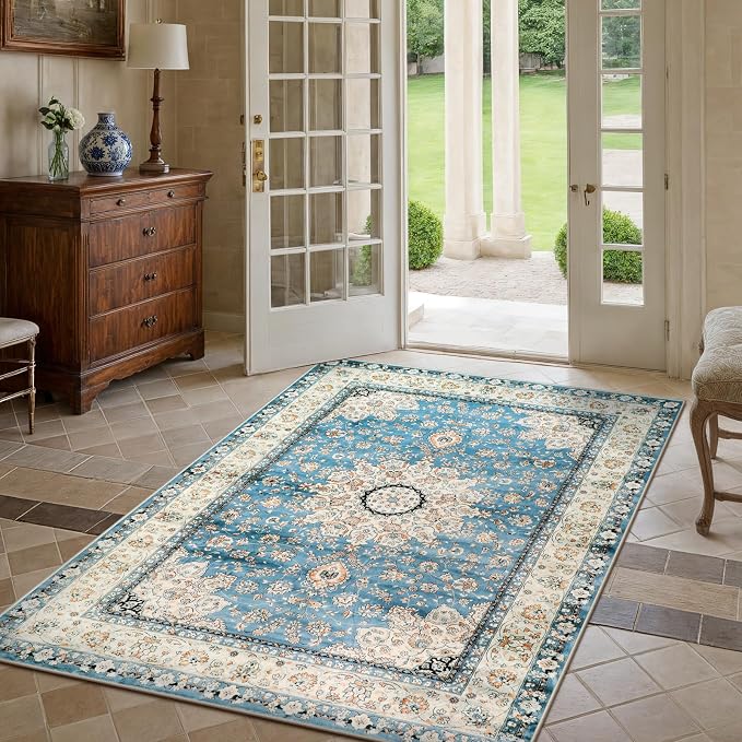 Lahome Felice Oriental Floral Medallion Area Rug - 4x6 Blue Bedroom Rug Living Room Mat, Distressed Soft Non Slip Washable Indoor Nursery Throw Carpet for Apartment Dining Kitchen Table Entrance