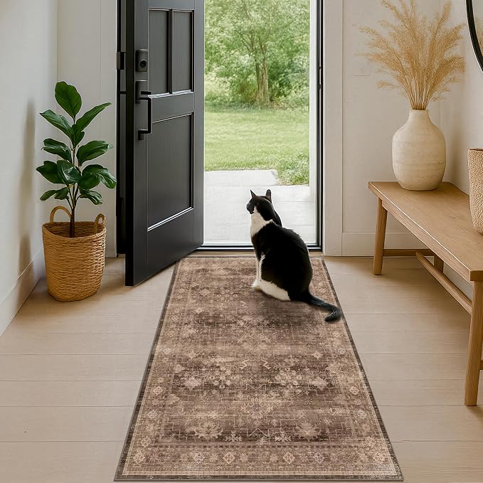 Brown Boho Washable 3x6 Entryway Runner Rug, Indoor Hallway Kitchen Floor Rug, Non-Slip Stain & Fade Resistant, Vintage Dark Neutral Floral Decor