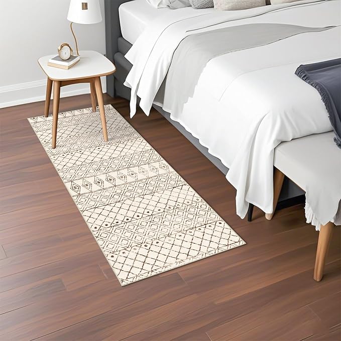 2x5 Rug Runner Boho Geometric: Washable Hallway Moroccan Runners Beige | Non Slip Low Pile Soft Pets Friendly Rugs for Kitchen Bathroom Bedroom Entryway Laundry