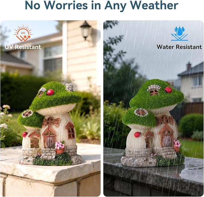 Mushroom Fairy Garden House, Solar Fairy House for Outside Decor, Outdoor Yard Garden Statues for Lawn, Balcony Patio, Outdoor Figurine Lights Gifts for Mom Women