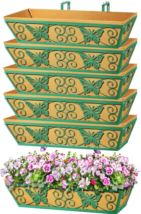6 Pack 24 Inch Window Boxes Planters Railing Planter Box with Adjustable Brackets for Porch Fence Patio Balcony Hanging Flower Baskets with Woven Fabric for Outdoor Garden Decor - Green