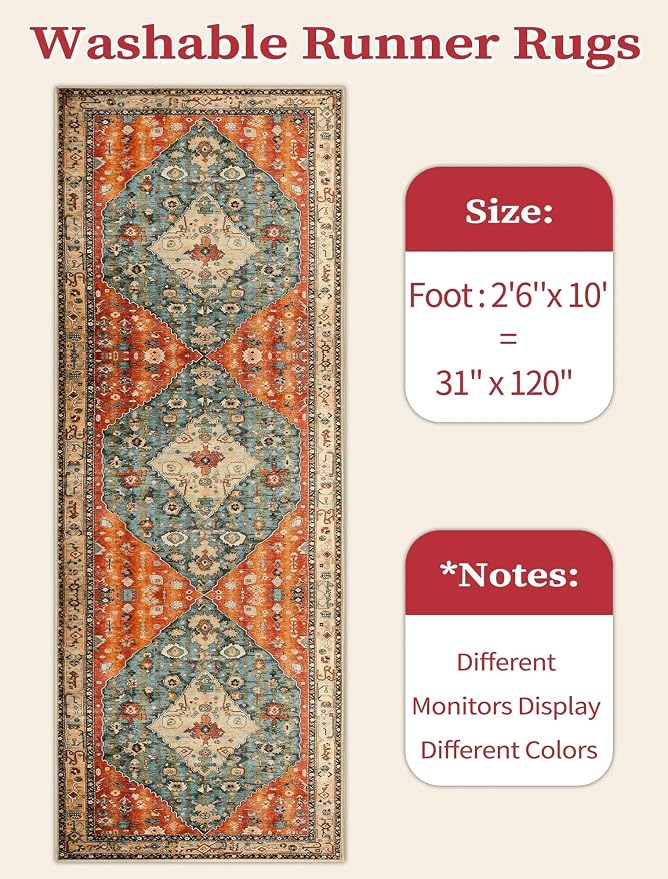 SERISSA 2'6"x10' Washable Non Slip Boho Runner Rug for Hallway | Ultra Soft Vintage Oriental Carpet Low-Pile Tribal Floor Carpet for Kitchen Bedroom Bathroom Laundry Room