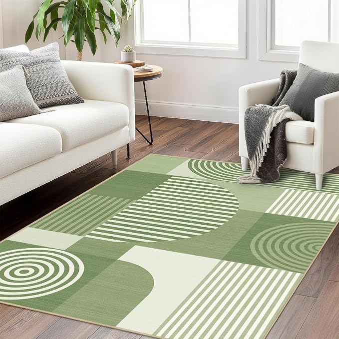 Green Geometric Area Rug 4x6 for Living Room Rug Machine Washable Minimalist Line Mid Century Modern Rugs Non Slip Low Pile Indoor Floor Carpet for Bedroom Dining Room Laundry Office,Green