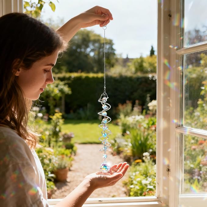20.5in Crystal Suncatcher Gazing Ball Spiral Wind Spinner Garden Decor | Colorful Crystal Sun Catcher with Octagonal Beads Spiral Tail Rainbow Maker Hanging for Indoor Outdoor Garden Patio Decor
