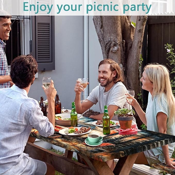 American Flag Picnic Table Cover with Table Cover, Elastic Tablecloth for Outdoor Picnic Tables, RV Camping Forest Design, Tablecloth for Camping, Barbecue and Terrace Dining, 30x60 Inch