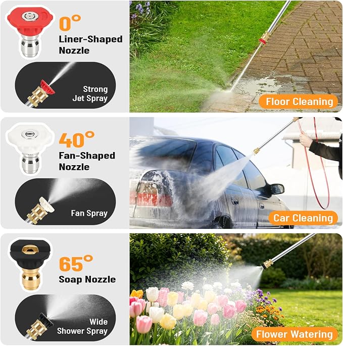 2026 Upagraded Jet Nozzle Power Washer for Garden Hose, Pressure Washer Wand with 3 Different Nozzles and Hose Quick Connectors for Car, Patio,Pet,Window, Black