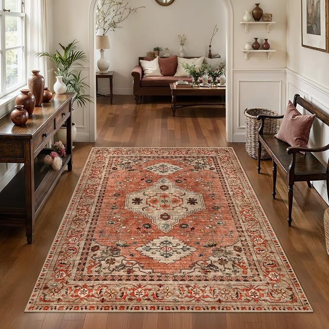 Tangsoo Oriental 3x5 Washable Rugs, Non Slip Accent Rugs for Entryway | Vintage Print Terracotta Indoor Carpet, Boho Soft Low Pile 3x5 Area Rugs for Living Room Bedroom Dining Room Bathroom Decor