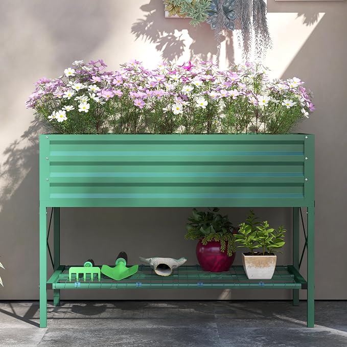 Outsunny Raised Garden Bed with Galvanized Steel Frame, Storage Shelf and Bed Liner, Elevated Planter Box with Legs for Vegetables, Flowers, Herbs, Green