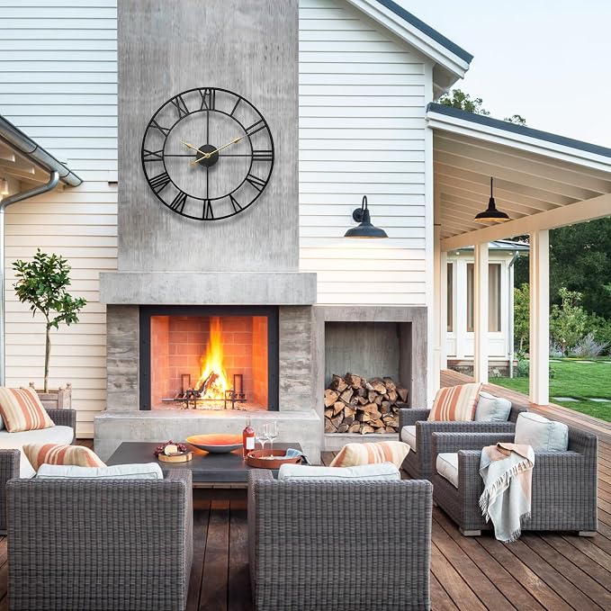 30 Inch Large Outdoor Clock for Patio Waterproof - Roman Numerals Outside Clock for Patio, Porch, Pool Area - Black Metal Rustic Farmhouse Decorative Wall Clock with Silent Quartz Movement