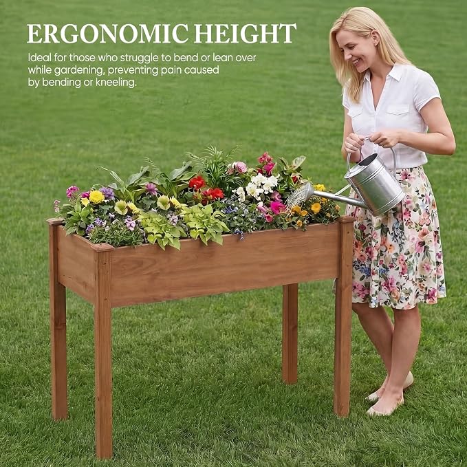 DUMOS Raised Garden Bed 48x24x30 Inch, Outdoor Planter Box with Legs, Elevated Wood Garden Bed with Liner for Herbs Flowers Vegetables, Wooden Planter Box for Patio, Balcony and Backyard, Brown