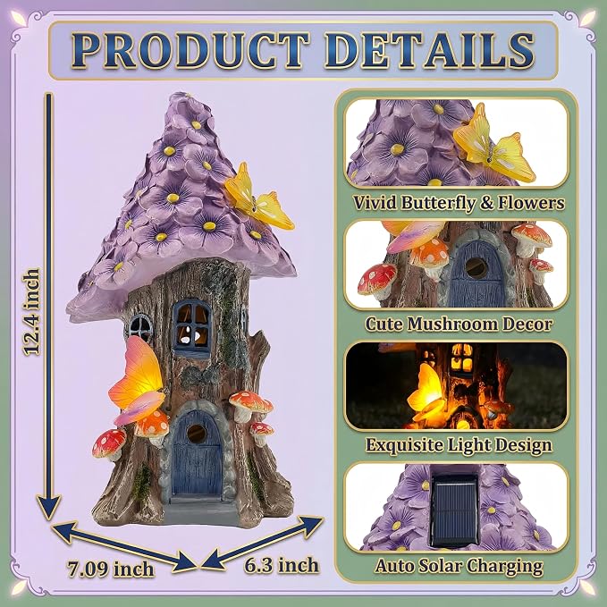 COWOS Mushroom House Statue, Garden Decor Outdoor Solar Statues, Solar Garden Statue Lights, Fairy Garden Decorations, Mushroom Fairy House Figurine with Butterflies and Flowers for Yard Decor
