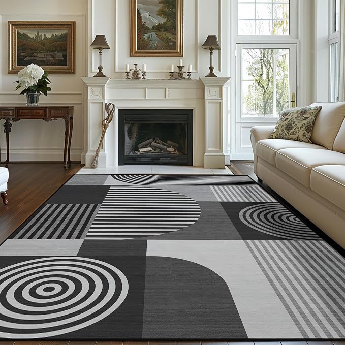 Area Rug 5x7 Grey Geometric Rug for Living Room Black White Machine Washable Gray Minimalist Mid Century Modern Rugs Non Slip Low Pile Large Dining Room Indoor Floor Carpet for Bedroom Office