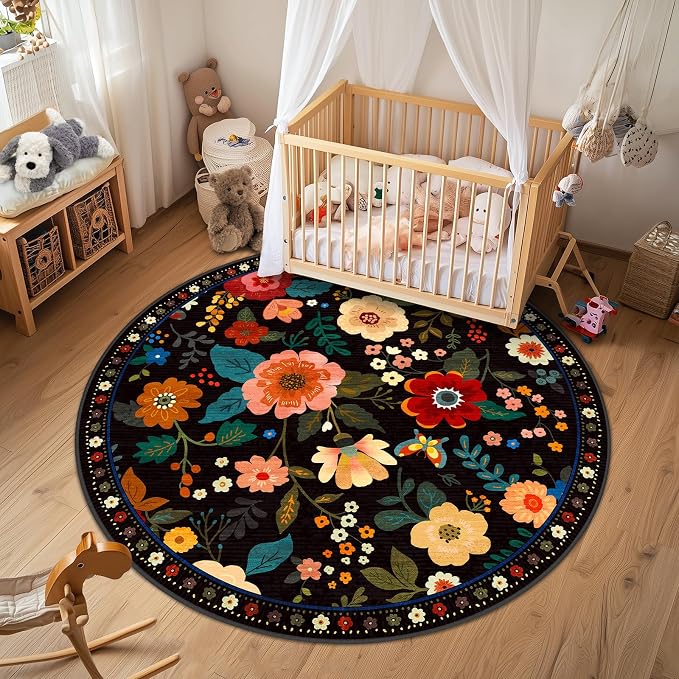 RELEANY Floral Washable Round 6ft Area Rug Black | Flower Carpet, Print, Boho, Non-Slip, Easy to Clean, Soft, Low Pile for Living Room Bedroom Kitchen Office Entryway Hallway