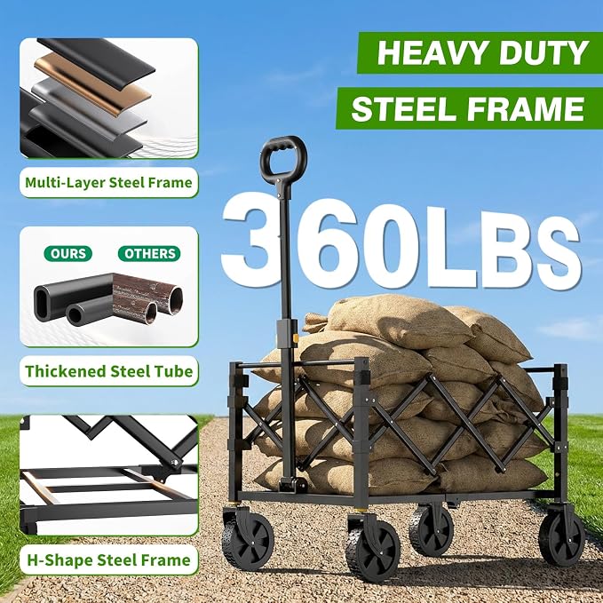 Collapsible Wagon Cart with Wheels Foldable, 360lbs Large Capacity Portable Folding Utility Heavy Duty Beach Wagons Cart with All-Terrain Wheels for Shopping, Camping, Sports, Garden