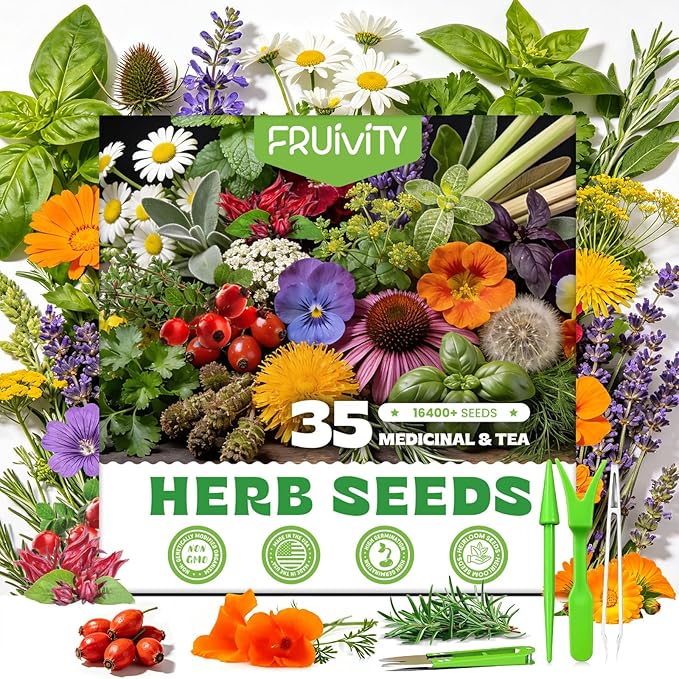 35 Medicinal Tea Herb Seeds Variety Pack with Planting Tools, Herbal Tea Garden Starter Kit for Beginners, Indoor Outdoor Gardening Gift Set, House Warming Gifts New Home for Women Men Mom Dad