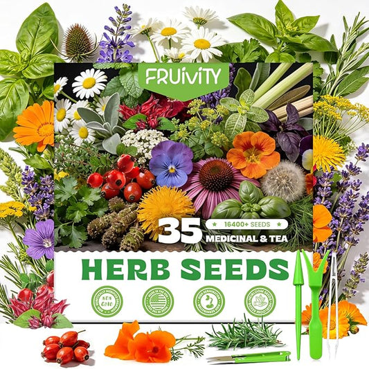 35 Medicinal Tea Herb Seeds Variety Pack with Planting Tools, Herbal Tea Garden Starter Kit for Beginners, Indoor Outdoor Gardening Gift Set, House Warming Gifts New Home for Women Men Mom Dad
