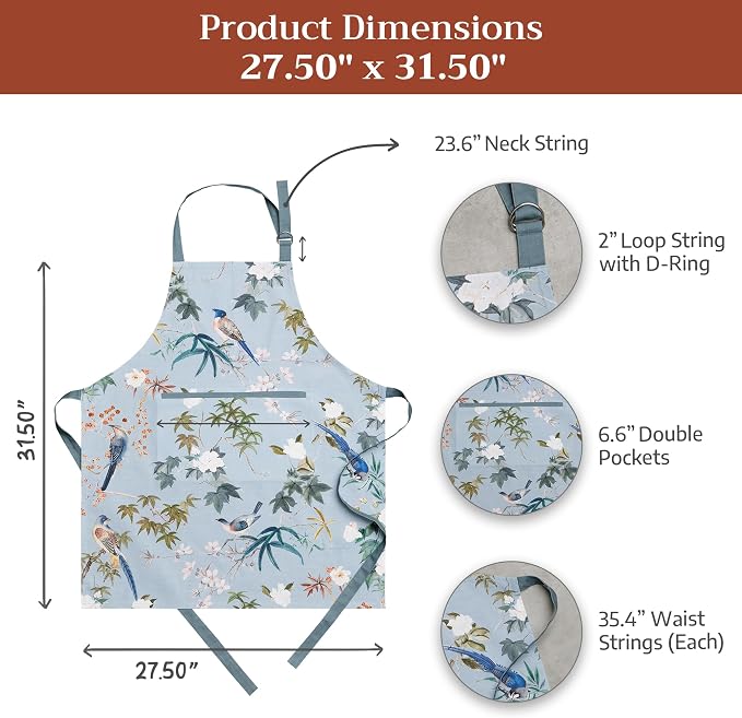 Maison d' Hermine Aprons for women with Pocket 100% Cotton (27.50"x31.50") | Adjustable Neck Strap & long ties Apron Men Chef Wedding Cooking Gardening Server Maid