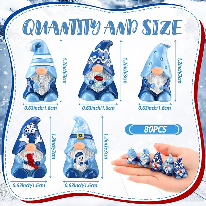 80 Pcs Winter Mini Gnomes Figurines Winter Snowflake Miniature Figurines Tiny Resin Statues Snowman Table Centerpieces for Patio Garden Ornament to Hide Party Favors