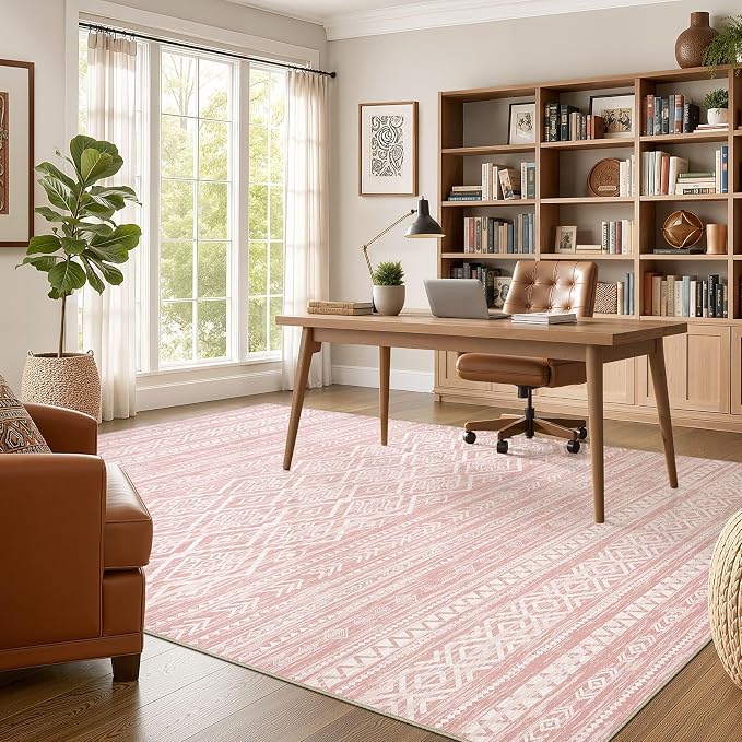 Nakagishi Area Rug Living Room Rugs: 10x14 Large Soft Machine Washable Boho Moroccan FarmNeutral Stain Resistant Indoor Floor Carpet for Bedroom Under Dining Table Home Office Decor-Pink