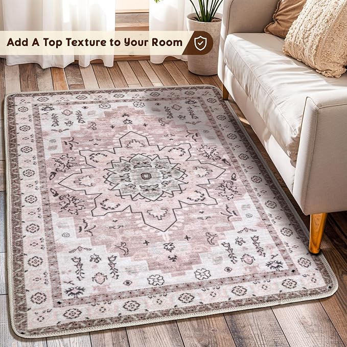LBRO2M Machine Washable Rug Soft Pet Friendly Carpet 3X5 Pink | Persian Throw Rug 3X5 for Entryway, Kitchen, Bathroom Non Slip Carpet, Foldable Stain Resistant Rugs