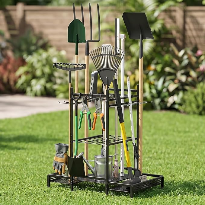 Organizer Yard Tool Storage Rack,Garden Organizer,Steel Yard Tool Racks To Store Long-Handled Tools,Tool Holder For Garden,Shed,Outdoor,Black