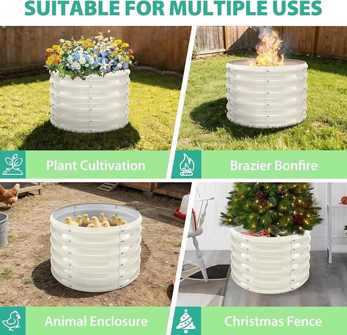 YSEJOMP 17" Tall Round Outdoor Garden Raised Garden Bed Kits-0.8MM Thick Metal Raised Planter Bed/Ground Planter Box for Variety of Flowers,Herbs,Vegetables,Trees (Cream White, 24 Dia X 16.5 inches)